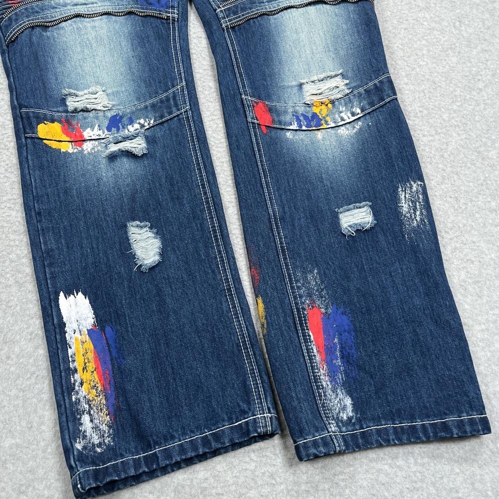 Smoke Rise Denim Jeans Mens 44 (43x32) Blue Paint Splatter Distressed Streetwear - Picture 7 of 13
